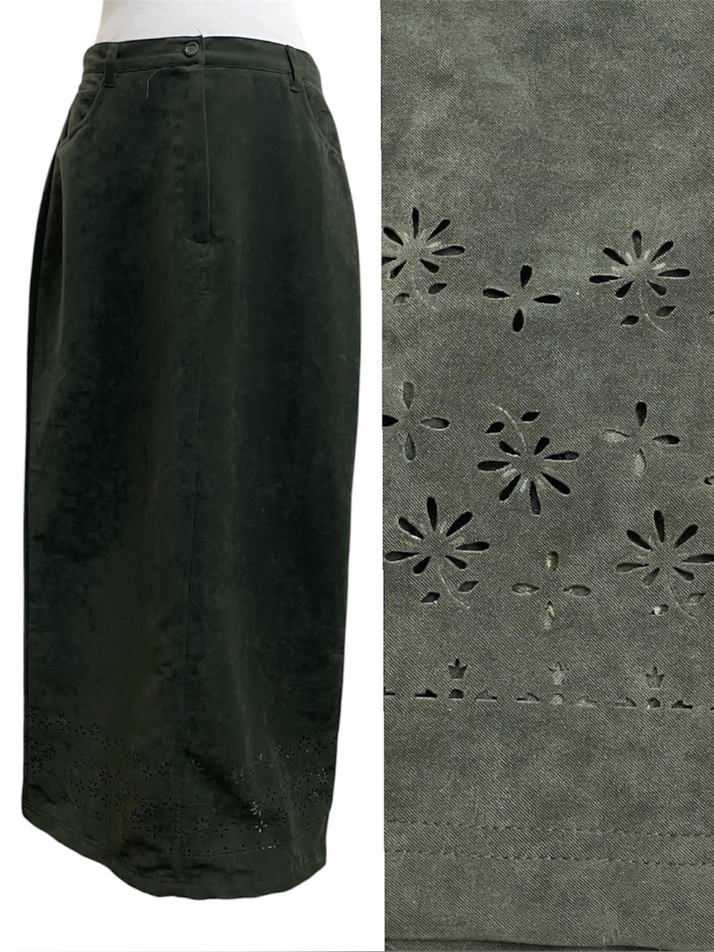 Christopher & Banks Vintage 80s Dark Green Laser Cut Floral Straight Maxi Skirt
